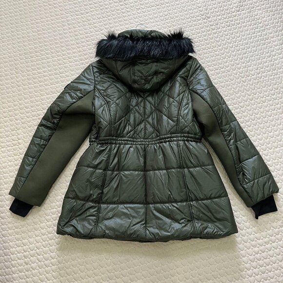 NWT Michael Kors Quilted Women Long Puffer Coat w/ Fur Hoodie Olive Size 1X - Picture 11 of 15